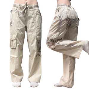 Vintage✨ | Style | Y2K Mid Rise Beige Floral Embroidered Satin Trim Cargo Pants